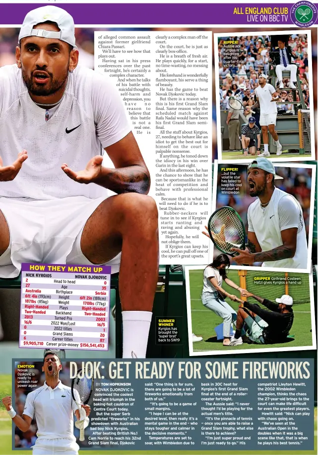  ?? ?? SUMMER WHINER Kyrgios has brought the ‘super brat’ back to SW19
RIPPER! Aussie ace Kyrgios is delighted after his quarter-final victory...
FLIPPER! ...but the volatile star has failed to keep his cool on court at Wimbledon
GRIPPER Girlfriend Costeen Hatzi gives Kyrgios a hand up