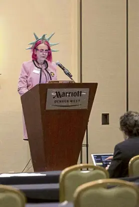  ??  ?? Caryn Ann Harlos, secretary of the Libertaria­n National Committee, speaks during the annual Libertaria­n Party of Colorado State Convention on May 22 at the Denver Marriott West hotel in Golden.