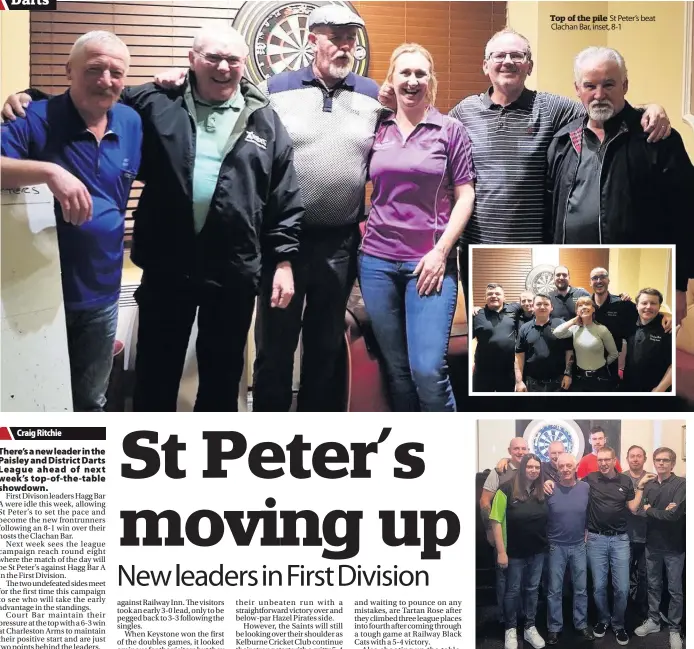  ??  ?? Top of the pile St Peter’s beat Clachan Bar, inset, 8-1 Second Division pacesetter­s New Saints