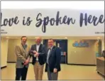  ??  ?? Pastor Roscoe Lilly of Northstar Church, center, celebrates the opening of the church’s new home with Clifton Park Supervisor Philip Barrett, left, and Chamber President and CEO Pete Bardunias, right.