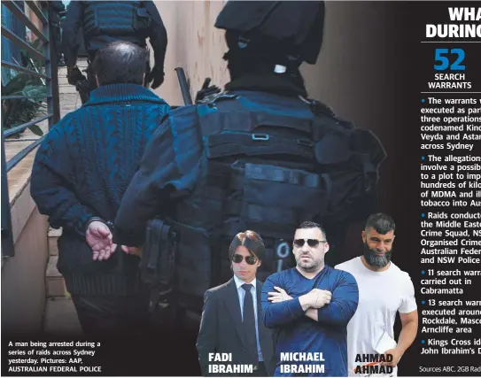  ??  ?? A man being arrested during a series of raids across Sydney yesterday. Pictures: AAP, AUSTRALIAN FEDERAL POLICE