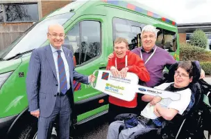  ??  ?? ●●Paul Walker of the Lord Taverners North West, Seashell Trust student Daniel Follon, Trust CEO and principal Mark Geraghty and Trust student Luke Morrow with the new minibus