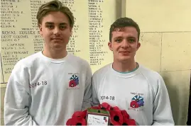  ?? ED SCRAGG/STUFF ?? Connor Sherry, left, with Zak Blackburn, laid a wreath for greatgrand­father Charles Beddow at the Menin Gate after discoverin­g on his trip to Flanders where he had died.