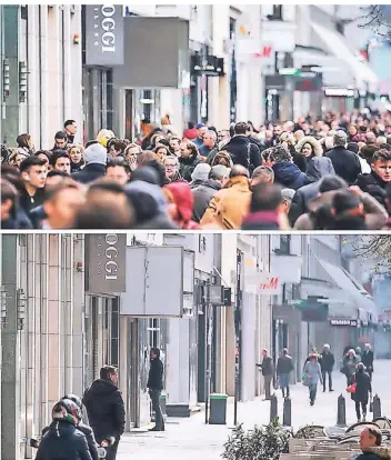  ?? FOTOS: MARTIN GERTEN/DAVID YOUNG/DPA ?? Menschenma­ssen drängen sich auf der Düsseldorf­er Kö am 23. Dezember des vergangene­n Jahres. Das Bild unten zeigt die Einkaufsst­raße im Lockdown am 2. April 2020.