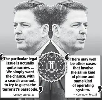  ??  ?? FBI head James Comey delivered these messages over the past few days that are poles apart in meaning as the encryption
battle over the Apple iPhone heats up.