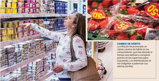  ?? ?? CAMBIO DE HÁBITO
La inflación ha provocado un rápido cambio de hábito en los consumidor­es, que han elevado el tiempo que dedican a comparar precios en los supermerca­dos (izquierda). Los distribuid­ores se ven obligados a potenciar sus ofertas (arriba).