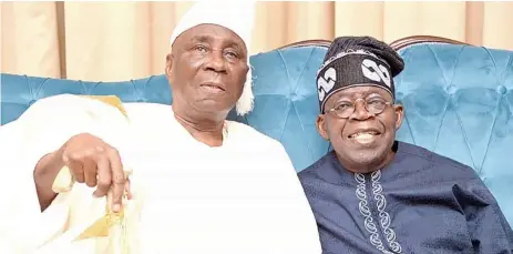  ?? ?? President Bola Tinubu ( right) and Oba of Lagos, Rilwan Akiolu, during a Sallah visit to the Nigerian leader in Lagos… yesterday.