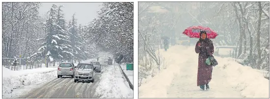  ?? WASEEM ANDRABI/ AND ANI ?? Vehicles ply on a snow-covered road in Srinagar; and (right) a woman walks amid snowfall in the interiors of the Dal Lake on Wednesday.