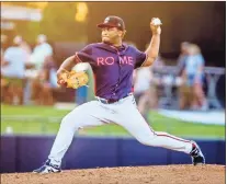  ?? Steven Eckhoff ?? Rome’s Luis De Avila delivers a pitch to the plate during the sixth inning of Thursday’s game at AdventHeal­th Stadium.