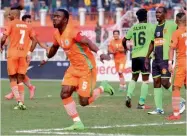  ??  ?? Neroca FC’s Varney Kallon Kiatamba celebrates his goal in their I- League match against Gokulam Kerala FC in Imphal on Sunday. Neroca won 1- 0.