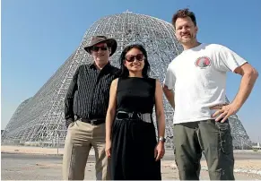  ??  ?? Spacebase entreprene­urs who helped set up the Aerospace Challenge – Eric Dahlstrom (left), Emeline Paat-dahlstrom and Rich Bodo – on a visit to Nasaowned Hangar One in Moffett Field in California.