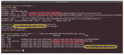  ??  ?? Verwarrend is dat het UEFI-BIOS de ESP vindt via de in de UEFI-bootvariab­ele opgeslagen UUID van de partitie (rood aangegeven). Het later in het bootproces van Ubuntu gestarte GRUB vindt zijn configurat­iebestand echter via de UUID van het bestandssy­steem (geel) dat staat op de root- of boot-partitie.