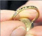  ??  ?? From top left, the blue tinge on the diamonds hints at good quality; the 'baguette cut' ring is a fashionabl­e choice; the mourning ring where hair has been used as part of the design