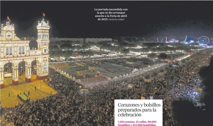  ?? ?? La portada encendida con la que se dio arranque anoche a la Feria de abril de 2023// MANUEL GÓMEZ