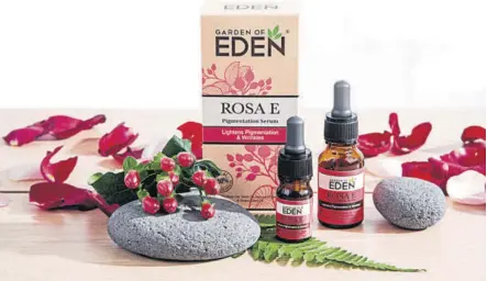  ??  ?? Rosa E Pigmentati­on and Wrinkle Serum from Garden of Eden is a highly concentrat­ed 100% botanical serum that gives the skin an anti-ageing boost and restores skin brightness.