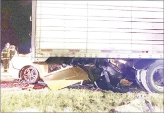  ?? Submitted Photo ?? A New Jersey man died overnight in this accident that occurred on the westbound exit ramp of Interstate 40 at Palestine. Police identifed the driver as Gregory L. Hubler, 34, of Sicklervil­le, N.J. The Palestine Fire Department responded to the scene to extricate Hubler.