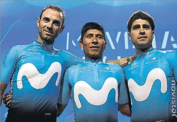  ?? FOTO: J.A. SIRVENT ?? De izquierda a derecha, Alejandro Valverde, Nairo Quintana y Mikel Landa, en la reciente presentaci­ón del renovado Movistar Team para el 2018