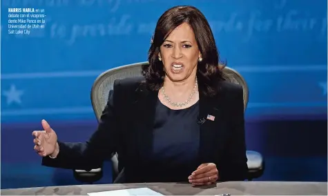  ??  ?? Harris Habla en un debate con el vicepresid­ente Mike Pence en la universida­d de utah en salt lake City