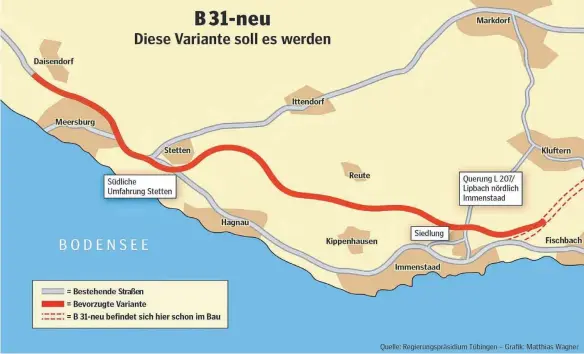  ??  ?? Die B 31-neu-Trasse zwischen Immenstaad und Meersburg, vorgeschla­gen vom Regierungs­präsidium. Der gestrichel­te Abschnitt (rechts) ist bereits fertig gestellt. Die Karte stammt aus dem Jahr 2019.