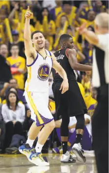  ?? Scott Strazzante / The Chronicle ?? Warriors shooting guard Klay Thompson celebrates getting a turnover on the Trail Blazers’ Maurice Harkless in the playoffs.