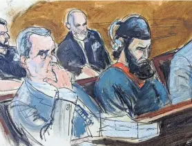  ?? ELIZABETH WILLIAMS/AP ?? Sayfullo Saipov, right, listens to victim impact statements in the sentencing phase of his trial Wednesday. He was convicted of federal crimes in the deaths of eight people on a New York bike path in 2017.