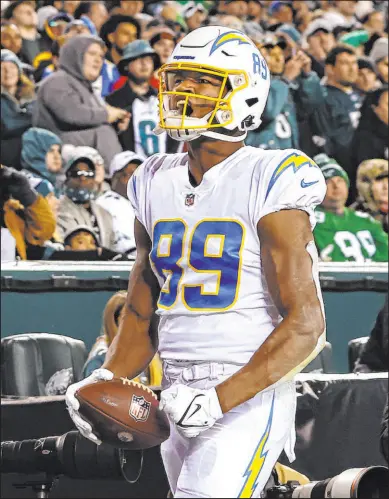  ?? Rich Schultz The Associated Press ?? Chargers tight end Donald Parham celebrates his touchdown against the Philadelph­ia Eagles. Los Angeles won 27-24, making it the only game bettors won at BETMGM.