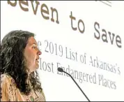  ?? Arkansas Democrat-Gazette/JOHN SYKES JR. ?? Preserve Arkansas’ executive director Rachel Patton announced the group’s list of Arkansas’ Most Endangered Places during a presentati­on at the Mosaic Templars Building Auditorium Wednesday morning.