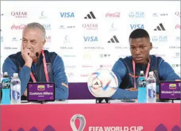  ?? ?? Ecuador’s Argentinia­n coach Gustavo Alfaro (L) and Ecuador’s midfielder Moises Caicedo attend a press conference at the Qatar National Convention Center (QNCC) in Doha on Saturday, on the eve of the Qatar 2022 opening match against hosts.