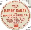  ?? HARRY CARAY’S ?? An“election”poster for a familiar“candidate,”Harry Caray, who first became Mayor of Rush Street in 1980.
LEFT: A 1980 campaign button from the 1980 “election” features the names of saloons now vanished.