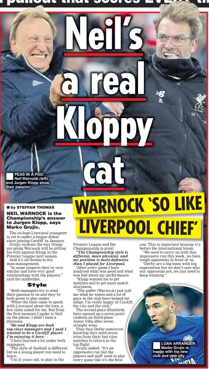  ??  ?? PEAS IN A POD: Neil Warnock (left) and Jurgen Klopp show their passion LOAN ARRANGER: Marko Grujic is happy with his new club and new city