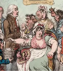  ??  ?? ‘The COW-POCK—or—the Wonderful Effects of the New Inoculatio­n!’; detail from James Gillray’s cartoon of Dr. Edward Jenner vaccinatin­g patients, 1802