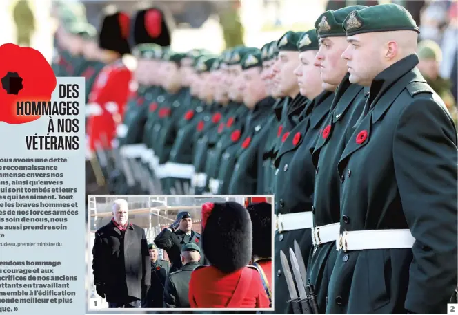  ?? PHOTOS PASCAL HUOT ?? 1. Le premier ministre du Québec Philippe Couillard faisait partie des dignitaire­s et politicien­s qui ont pris part à la cérémonie. 2. L’émotion était vive devant la croix du Sacrifice où des centaines de militaires et de citoyens se sont massés pour...