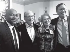  ??  ?? From left: Denver Mayor Michael Hancock, Sheldon and Jan Steinhause­r, and Gov. John Hickenloop­er. Photos by Denise Gliwa, Special to The Denver Post