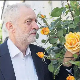  ??  ?? EVERYTHING’S COMING UP ROSES? Jeremy Corbyn smells flowers outside his London home yesterday and declared: “Such a glorious day.”