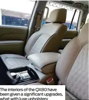  ??  ?? The interiors of the QX80 have been given a significan­t upgrades, what with luxe upholstery