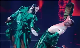  ??  ?? ‘Why has he got spoons on his face?’ … Conan Osíris, left, with João Reis Moreira, representi­ng Portugal in the semi-final of the Eurovision song contest in Tel Aviv. Photograph: Guy Prives/Getty Images