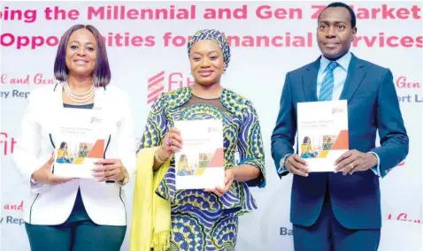  ?? ?? Managing Director/ Chief Executive Officer, FITC, Chizor Malize( left); Deputy Governor, Financial System Stability, Central Bank of Nigeria ( CBN) and Board Chairman, FITC, Mrs. Aishah Ahmad and Company Secretary & Head, Legal Group, Guaranty Trust Bank Plc. Erhi Obededuo, during the Launch of the FITC Millennial and Gen Z Banking Habits Survey Report in Lagos.