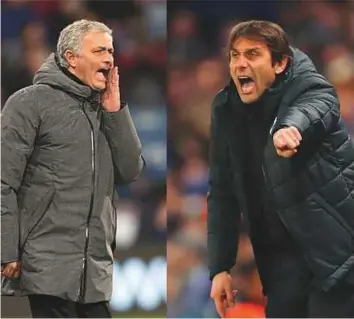  ?? Rex Features ?? Jose Mourinho (left) has personal pride as well as vital points in the four-way race for three places in next season’s Champions League at stake due to a roaring rift with Chelsea’s Antonio Conte.
