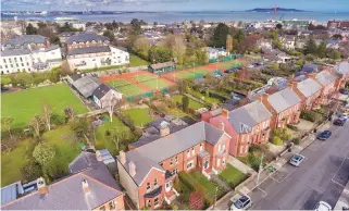  ??  ?? Clockwise from left: The property is located on Green Road; Blackrock Tennis and Bowling Club is right behind the back wall; Oreen kitchen; landing; (inset below) garden; drawing room; front of the house and (bottom) dining room