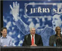  ?? SCOTT SOMMERDORF - THE ASSOCIATED PRESS ?? FILE - In this Jan. 31, 2014, file photo, John Stockton, left, and Karl Malone, right, laugh during a news conference to honor former Utah Jazz coach Jerry Sloan, center, in Salt Lake City.