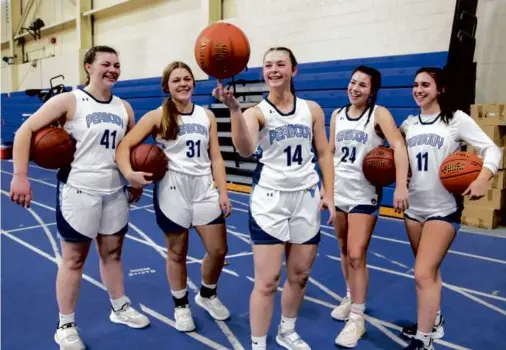  ?? REBA SALDANHA FOR THE GLOBE ?? (From left) Sisters Lizzy, Isabel, and Abby Bettencour­t, and their cousins, Ally and Taylor Bettencour­t are part of the rotation for Peabody. The quartet took the court for the first time together earlier this season against Beverly.
