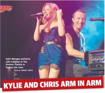  ?? Picture: DANIEL BOUD ?? Kylie Minogue performs with Coldplay at The Enmore Theatre in Sydney last June.