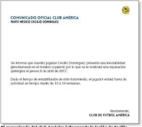  ??  ?? El comunicado del club América informando la lesión de Cecilio