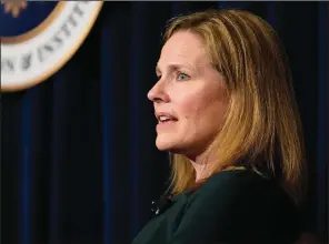  ?? (File Photo/ap/damian Dovarganes) ?? U.S. Supreme Court Associate Justice Amy Coney Barrett speaks April 4 at the Ronald Reagan
Presidenti­al Library Foundation in Simi Valley, Calif. Stories circulatin­g online incorrectl­y claim Barrett cited a need for a “domestic supply of infants” in a leaked draft opinion for a decision that would overturn Roe v. Wade.