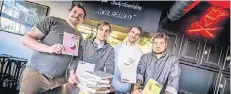  ?? RP-FOTO: ANDREAS ENDERMANN ?? Karl Romboy, Andy Vorbusch, Marcel Schiefer und Bastian Falkenroth (v.l.) haben das Kochbuch „Lokalhelde­n“zusammenge­stellt.