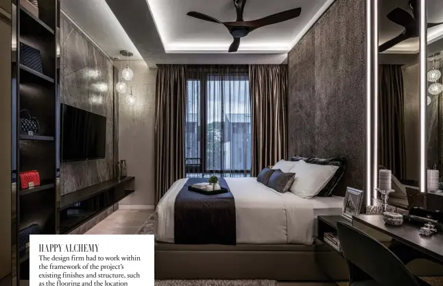  ??  ?? This page: In this bedroom, a special display cabinet holds the owner’s prized collection of handbags, open to admiration and easy accessibil­ity; the custom-made upholstere­d headboard extends to the full height of the bedroom