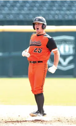  ?? Ben Goff/NWA Democrat-Gazette ?? ■ Ty Gordon, Nashville’s first baseman, reacts after hitting a RBI double in the fifth inning against Shiloh Christian on May 19, 2018, during the class 4A baseball state championsh­ip at Baum Stadium. Gordon is also the Scrappers' quarterbac­k.