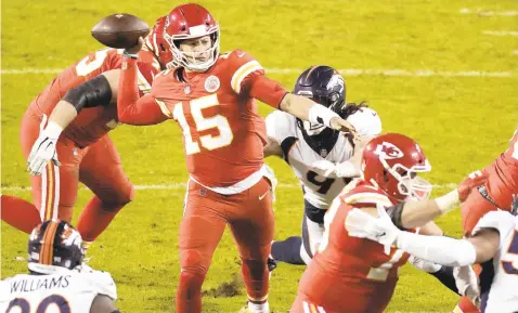  ?? CHARLIE RIEDEL/AP ?? Patrick Mahomes and the defending Super Bowl champion Chiefs clinched a playoff berth Sunday night.