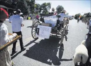  ??  ?? Kids throw candy from a horse-drawn wagon to attendees of the annual Pioneer Day parade Saturday in Panaca.