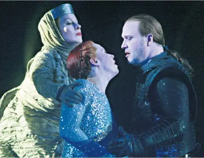  ??  ?? Love hurts: Nina Stemme, Robert Gambill and Yvonne Wiedstruck in the Glyndebour­ne production, above, and Birgit Nilsson, below